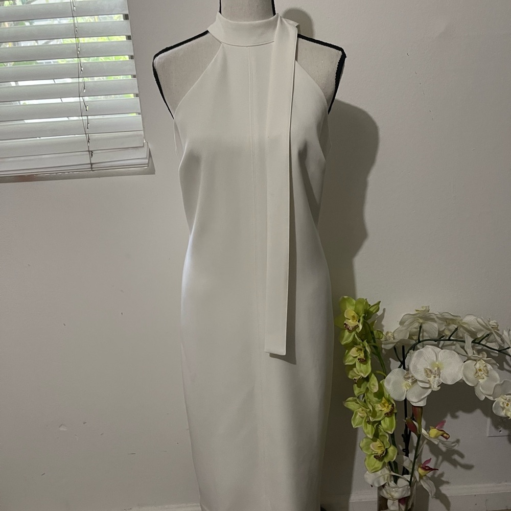 New York & Company Ivory Halter Midi Dress with Neck Tie - Picture 1 of 7